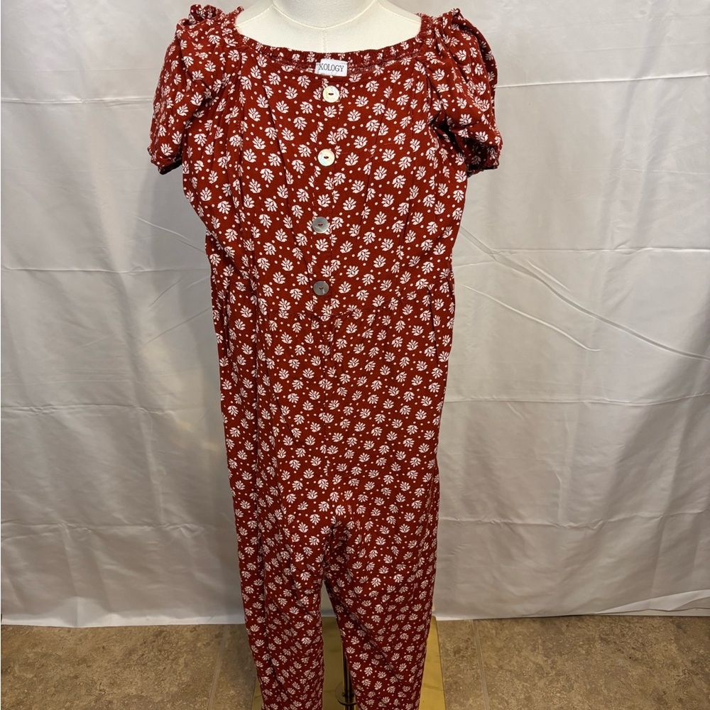 Luxology Rust Floral Puff Sleeve Button Front Jumpsuit Cottagecore‎ Medium